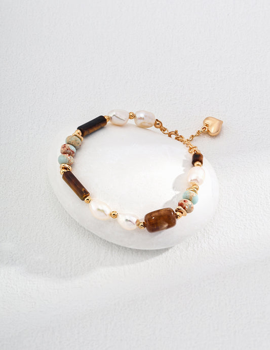925 Silver Gold-Plated Shoushan Stone Pearl Tiger’s Eye Bracelet – Handmade Beaded Gift