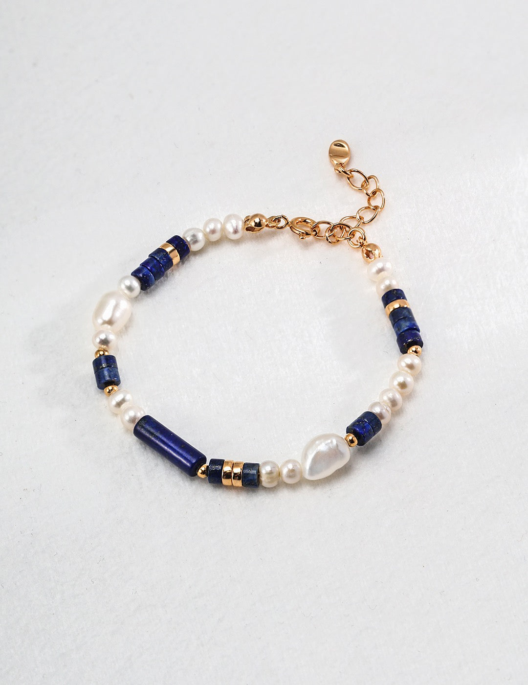 S925 Sterling Silver Lapis Lazuli & Pearl Adjustable Bracelet – Natural Pearls & Synthetic Lapis, Vintage Gold Tone (16cm + 3cm Extender)