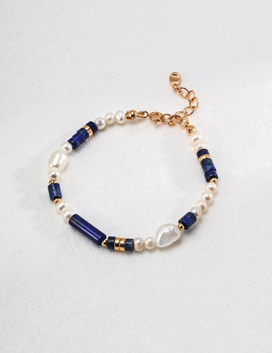 S925 Sterling Silver Lapis Lazuli & Pearl Adjustable Bracelet – Natural Pearls & Synthetic Lapis, Vintage Gold Tone (16cm + 3cm Extender)