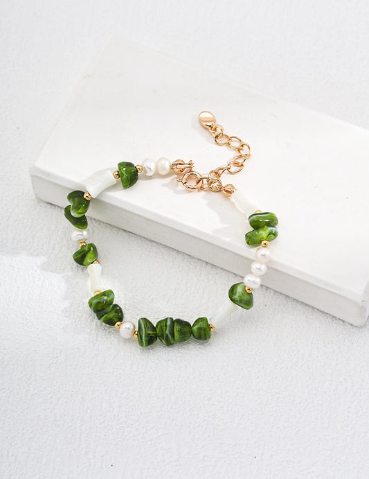 925 Sterling Silver Gold-Plated Bracelet with Resin, Natural Pearls & Shell