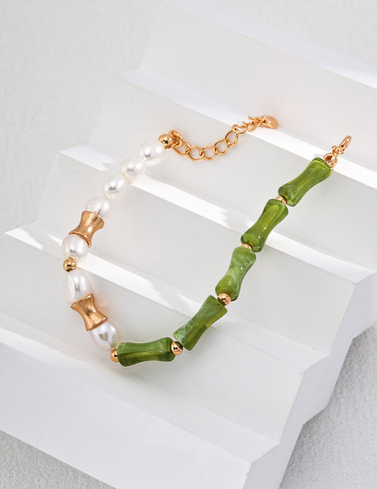 925 Sterling Silver Gold-Plated Bracelet with Resin Stone & Natural Pearls