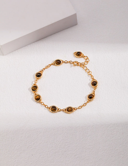Adjustable Tiger Eye & Gold-Plated Sterling Silver Bracelet – S925 Silver | Natural Gemstone | Stretchable Design