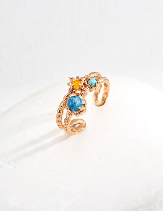 S925 Sterling Silver Ring – Synthetic Turquoise, Yellow Chalcedony & Apatite – Vintage Gold Tone (Size 17)