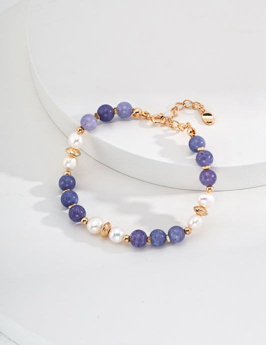 925 Sterling Silver 18K Gold-Plated Bracelet with Natural Pearls & Kunzite