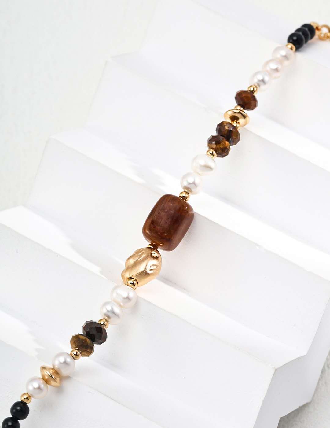 925 Sterling Silver 18K Gold-Plated Bracelet with Pearls, Tiger Eye & Black Onyx