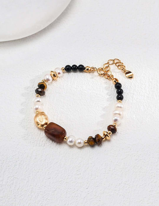 925 Sterling Silver 18K Gold-Plated Bracelet with Pearls, Tiger Eye & Black Onyx