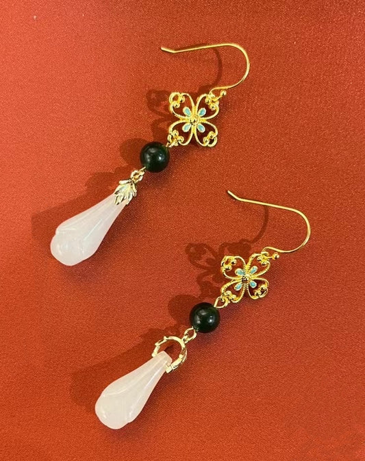 Elegant Jade & Gold-Plated Copper Earrings with Sterling Silver Hooks
