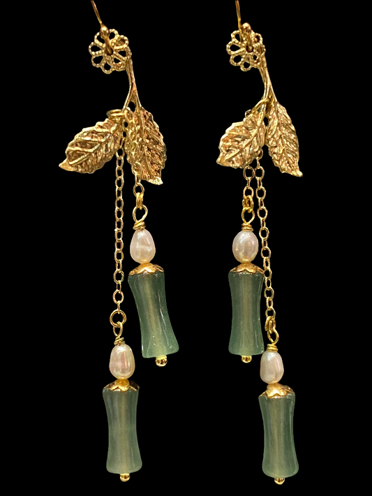 Handmade Dangling Earrings – Aventurine Bamboo, Freshwater Pearl & Gold-Plated Leaf – Sterling Silver Gold-Plated Hooks